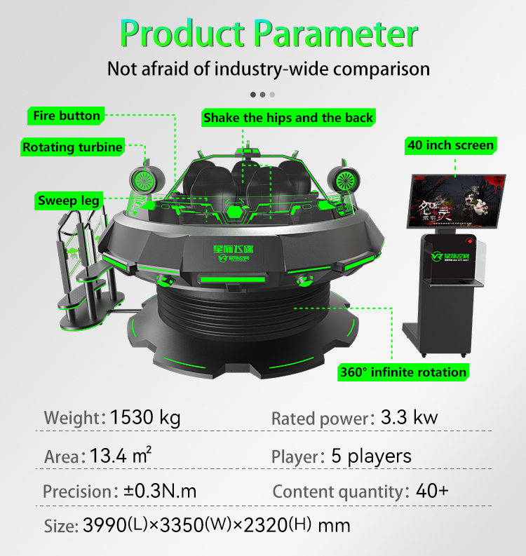 Название продукта	Star VR UFO (5 мест)&nbsp; Напряжение	AC220V Материал	Металл, стекловолокно, сталь, другое Размер	3990(L)*3350(W)*2320(H)mm Плеер	5 игроков Время доставки	8-20 дней после получения депозита Сертификат	CE/ROHS Игры	41+Новая обновленная версия